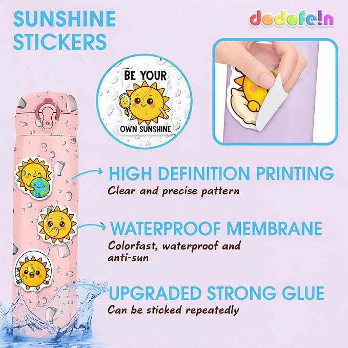 Sun Stickers 50PCS – Waterproof Vinyl Positive Sunshine Decor for Water Bottles, Laptops, Journaling – Non-Repeating Decals, High-Definition Print Gift for Womens