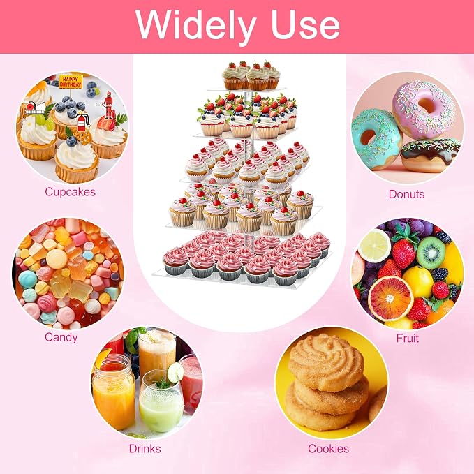 weddingwish 5 Tier Cupcake Stand, Acrylic Cupcake Tower Stand, Square Tiered Display Stand, Clear Dessert Table Display Stand for Wedding,Birthday,Party
