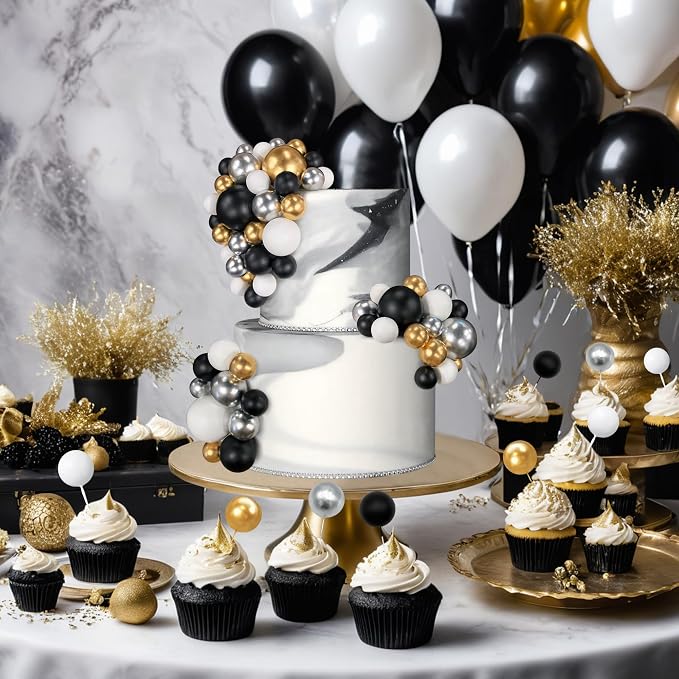 66 PCS Ball Cake Picks Black Silver White Gold 4 Sizes for DIY Baking Decoration Cupcake Toppers and Wedding Anniversary Birthday