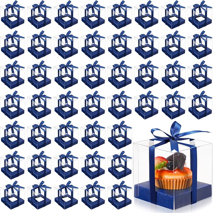 Thenshop 50 Pcs Clear Cupcake Boxes Individual 3.5 Inch Plastic Single Cupcake Containers Boxes with Inserts and Ribbon Individual Cake Storage Holders for Cake Kitchen(Dark Blue)