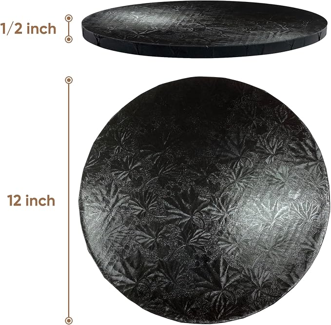 Cakebon Round Cake Boards - Sturdy 1/2 Inch Thick Cake Drums - 12 Inch Professional Base para Pastel Fully Wrapped Edges Black 6-Pack