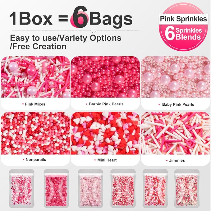 HUEBEATY 6-in-1 Pink Sprinkles for Cakes Cupcakes Decorating – 6.36oz/180g Edible Baby Shower, Strawberry, Princess & Valentine’s Day Sprinkles with Pink Pearls, Red Pink Mini Hearts, Jimmies & Nonpareils for Cookies, Ice Cream & Desserts Topping and B...