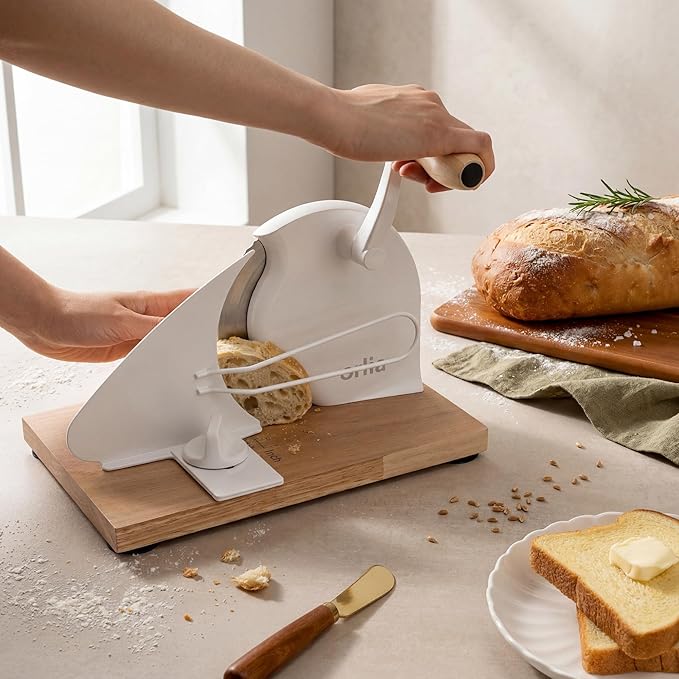 Bread Slicer for Homemade Bread – Adjustable Manual Bread Cutter for Sourdough Bread, Even Slices with Hand Crank, Serrated Blade, Scale Guide & Secure Base