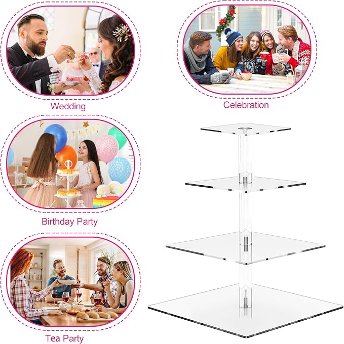 weddingwish 4 Tier Cupcake Stand, Clear Acrylic Cupcake Tower for 50 Cupcakes, Square Dessert Display Stand for Wedding,Birthday,Graduation