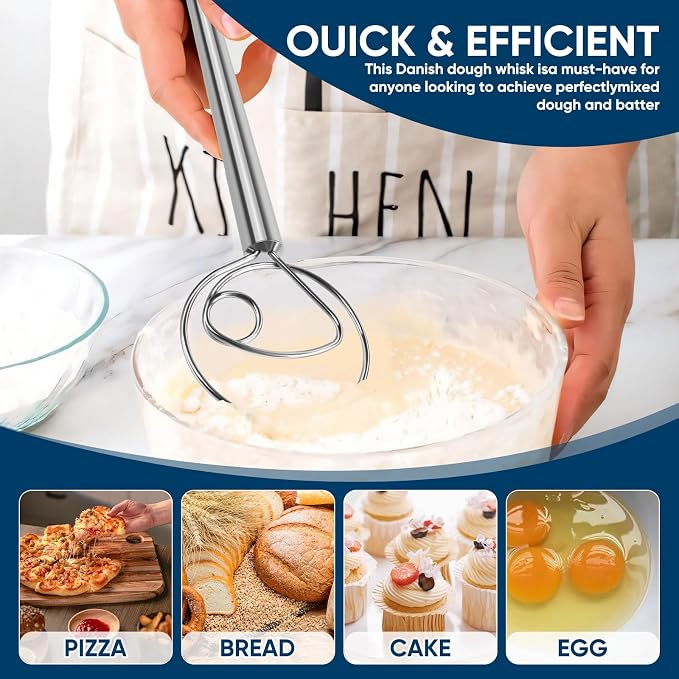 Danish Dough Whisk Stainless Steel Wooden Handle for Sourdough Bread Pizza and Pastry Making