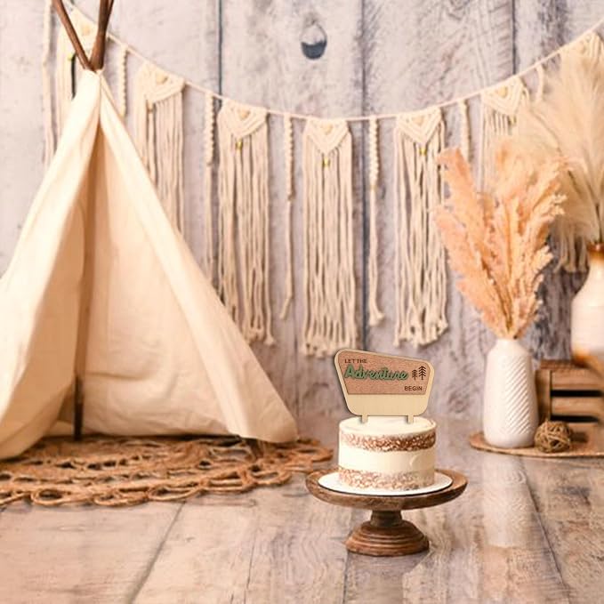 ZAIBIANHAO Let the Adventure Begin Wooden Cake Topper - Natural Adventure Themed Camping Decorations for Baby Shower,Happy Camper Decoration,Camping Birthday Party Supplies