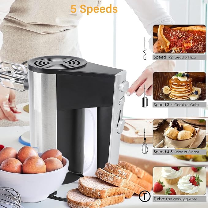 Haofy 500W Hand Mixer with Turbine Boost, 5 Speed Electric Food Beater for Whipping Mixing Baking Cake Dough, Stainless Steel Kitchen, US Plug 110V