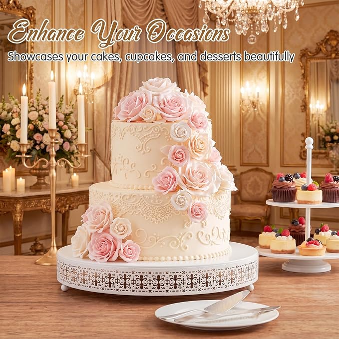 Wenqik White Cake Stand 20 Inch Metal Round Cupcake Dessert Stand with Cake Cutting, Spatula Cookies Cupcake Pastry Display Candy Holder Fruit Serving Tray for Wedding Birthday Party