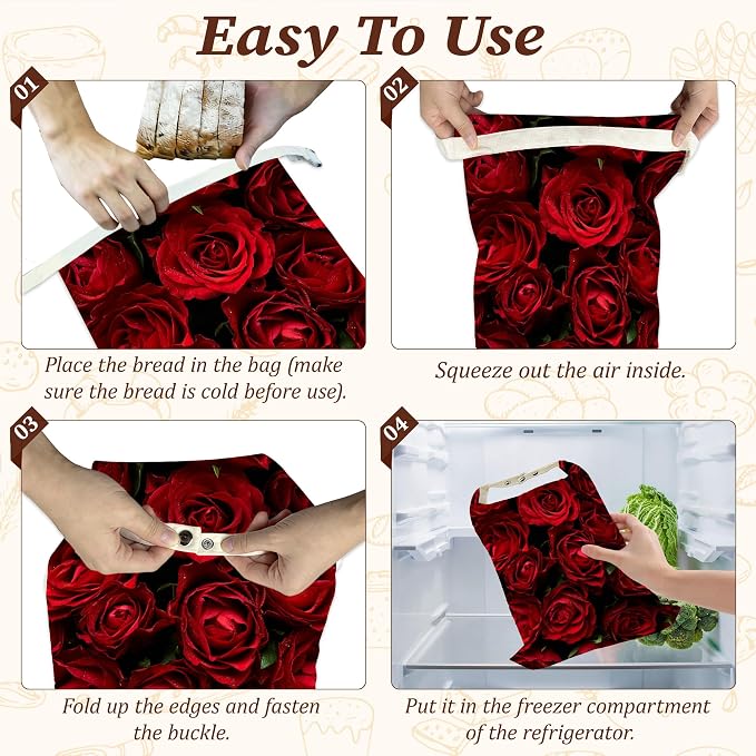 Beeswax Bread Bags, 2 Pack for Homemade Bread and Sourdough Storage | Red Rose Flower, Reusable Polyester Bread Storage With Beeswax Coating And Snap Closures