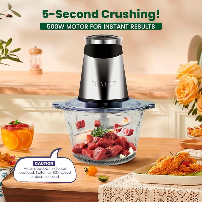 BUMET Electric food processor vegetable chopper 500W 2x8cup bowls 2 bi-layer 4 blades Small Food chopper ideal as Electric Meat grinder for home use,Mincing,chopping for kitchen aid,baby foot,pet food