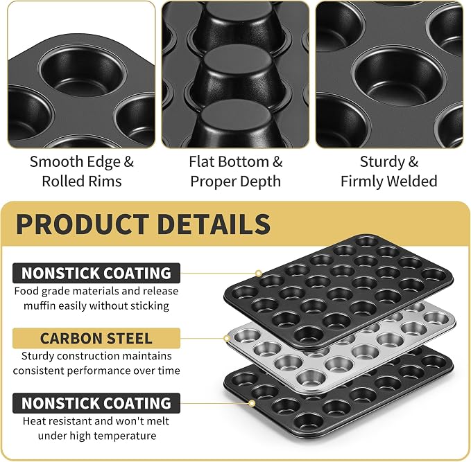 TeamFar Mini Muffin Pan, 24-Cup Non-Stick Carbon Steel Cupcake Tray Tin for Baking, Small Cup Cake Bakeware for Bite-Sized Cheesecake Tart Quiches, Even Baking & Effortless Release & Easy Clean