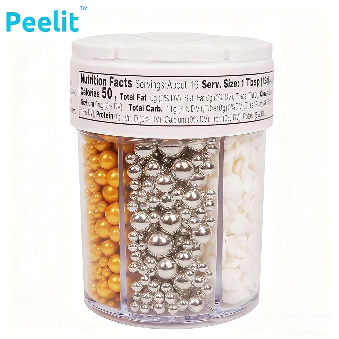 Peelit Gold & Silver Sprinkles Mix (6.7oz) – Edible Metallic Pearls, Stars & Hearts for Cake Decorating – Satisfying Crunch 6-in-1 Jar for Baking, Cookies, Cupcakes – Premium Edible Cake Toppers