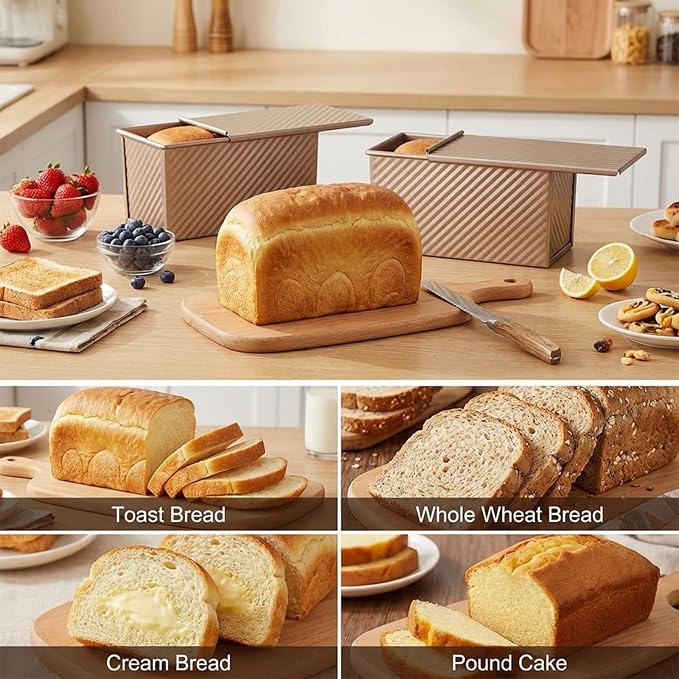 3 Pack pullman loaf pan with lid: pullman loaf pan Non-Stick Carbon Steel Bread Pans for Homemade Sandwich, Sourdough & Artisan Breads – Corrugated Toast Molds with Lids for Kitchen Home Baking