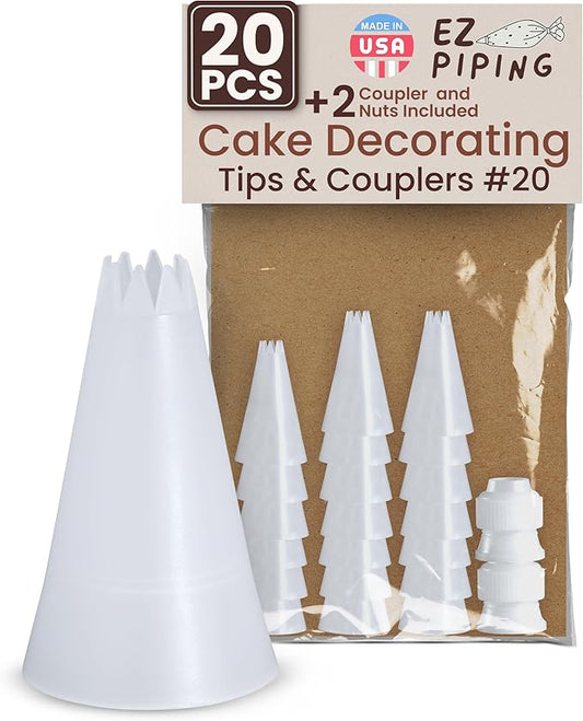 Reusable Plastic Piping Tips - Standard Size Star Tip #20 Icing Nozzles Made from Food Grade Plastic Cake Decorating Tool Kit, Baking Supplies, Base Ø 0.75", Height 1.25" Made in USA (20pcs)