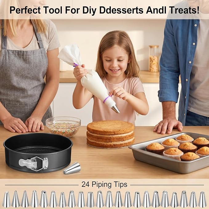 168Pcs Cake Pan Sets for Baking+ Cake Decorating Supplies, 6/8/10 Inch Round Cake Pan, 3 Nonstick Springform Cake Pans, Cheesecake Baking Pans withPiping Bags, 24 Pcs Nozzles, 3 Pcs Scrappers