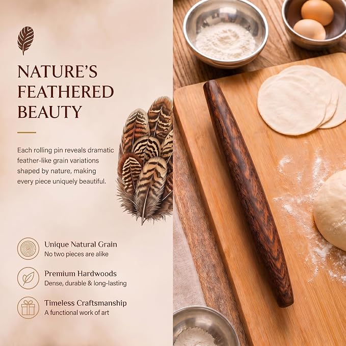 15.75 Inch French Rolling Pin – Smooth & Balanced Wooden Dough Roller for Baking and Pastry, Distinctive Feathered Grain Beauty