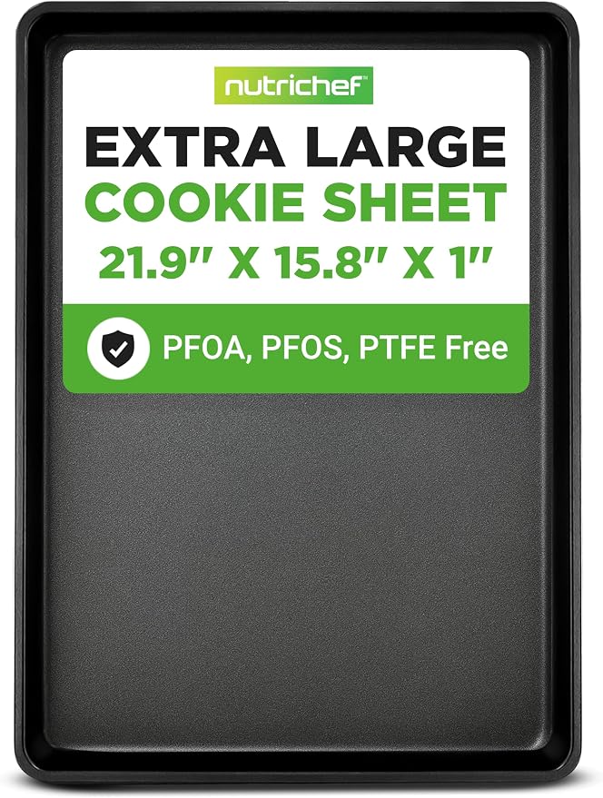 NutriChef Nonstick XL Cookie Sheet Baking Pan - Extra Large 22 Inch x 16 Inch with Raised Edges, Thick Carbon Steel Oven Baking Sheet for Jelly Rolls, Cookies, Cakes, & Pastries - Black