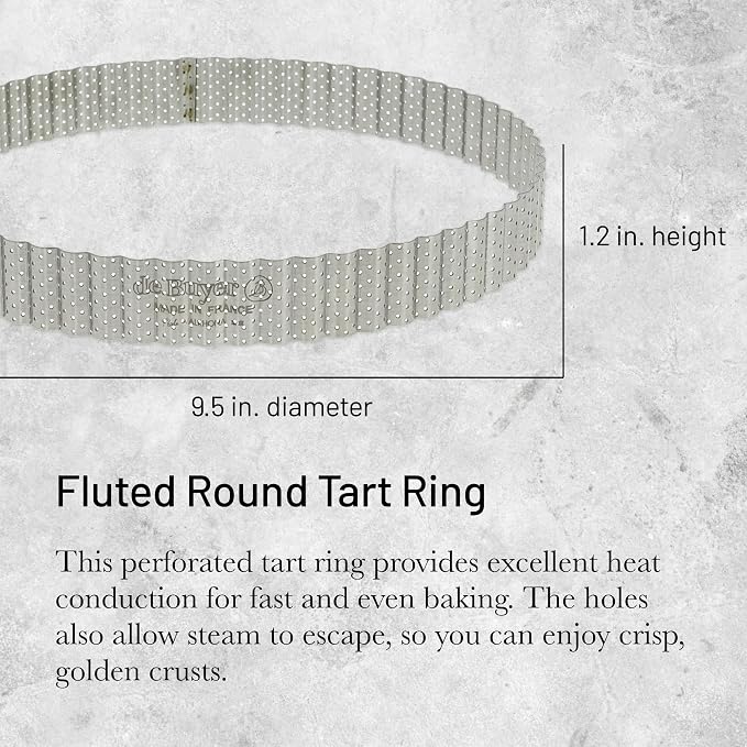 de Buyer Perforated Fluted Round Tart Ring - 9.5” Diameter - Perfect for Baking Beautifully Crisp Tarts - Easy to Use & Clean - Made in France