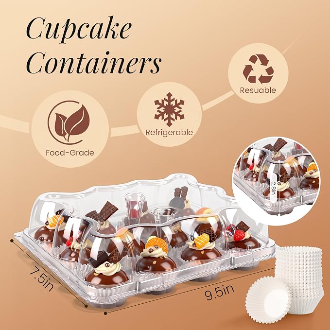 12 Count Mini Cupcake Containers 20 Sets with 240 Pack Cupcakes Liners, Plastic Cupcake Holder, Stackable Mini Cupcake Boxes Carrier, Clear Disposable Cupcake Trays, High Dome