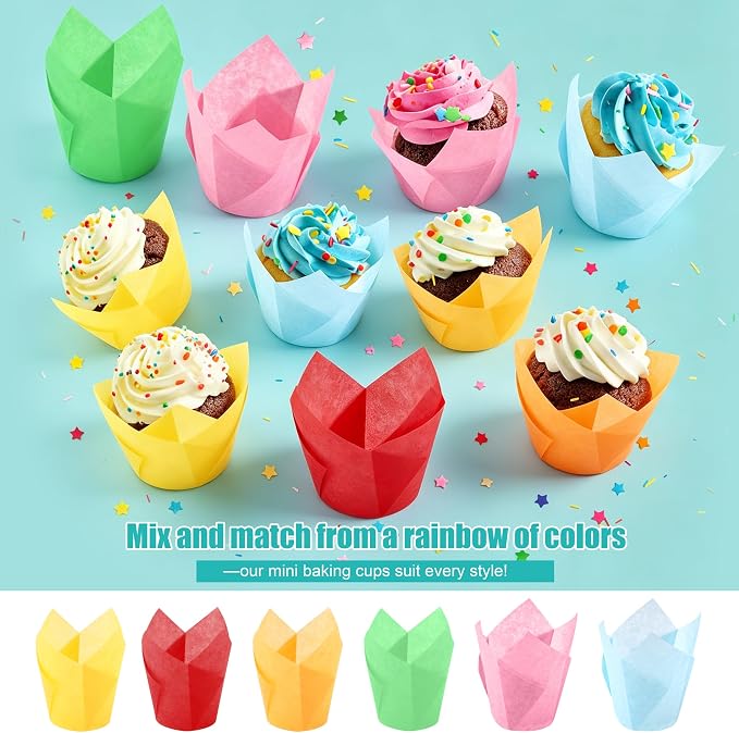 Ruisita 150 Pcs Mini Cupcake Liners Muffin Liners Baking Cups | Tulip Cupcake Liner for Baking Wedding, Birthday, Baby Shower Parties, 6 Colors