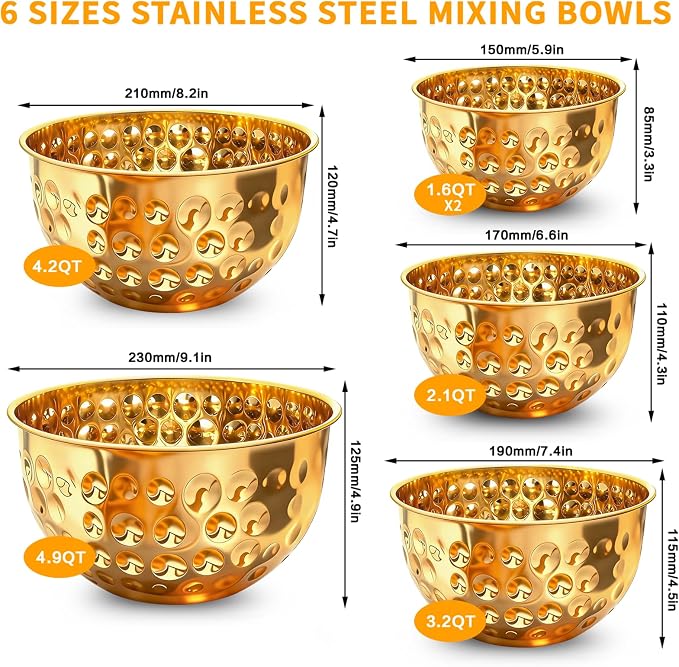 6-Piece Gold Serving Bowls (1.6-4.9 QT), Gold Bowl Set with Hammered Design, Nesting Stainless Steel Mixing Bowls for Movie Night, Party and Home Decor
