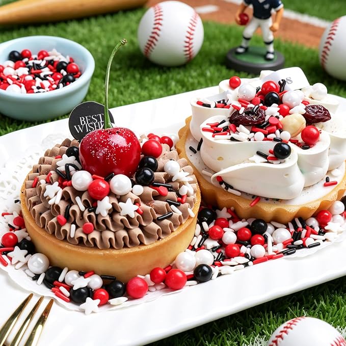 Red White and Black Sprinkles for Cake Decorating, Edible Baseball Sprinkles Mix, Perfect for Cake Decorations, Baking, Ice Cream, Cookies, Cupcake Toppers