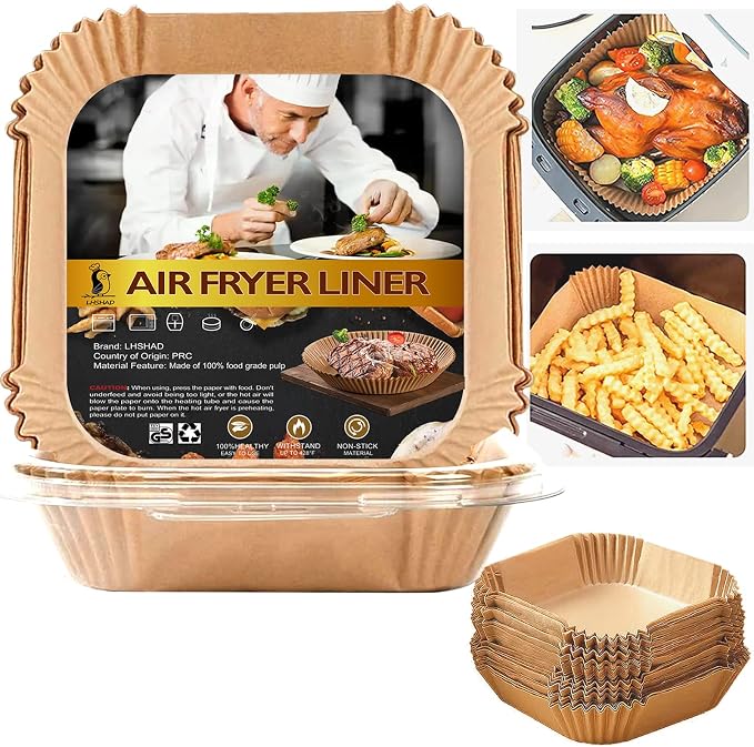 Air Fryer Disposable Paper Liner Square 10 Inch, 125Pcs Largest Square Air Fryer Paper Liners for 8-12QT Air fryer, Non-stick Food Grade Parchment Paper for Frying, Cooking, Roasting and Microwave
