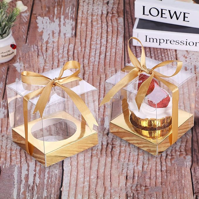 60 Pcs Clear Plastic Cupcake Boxes 3.5 inch Gold Single Cupcake Containers Individual Cupcake Boxes, Gold Carriers with Ribbons and Inserts for Wedding Birthday Party Favor Containers