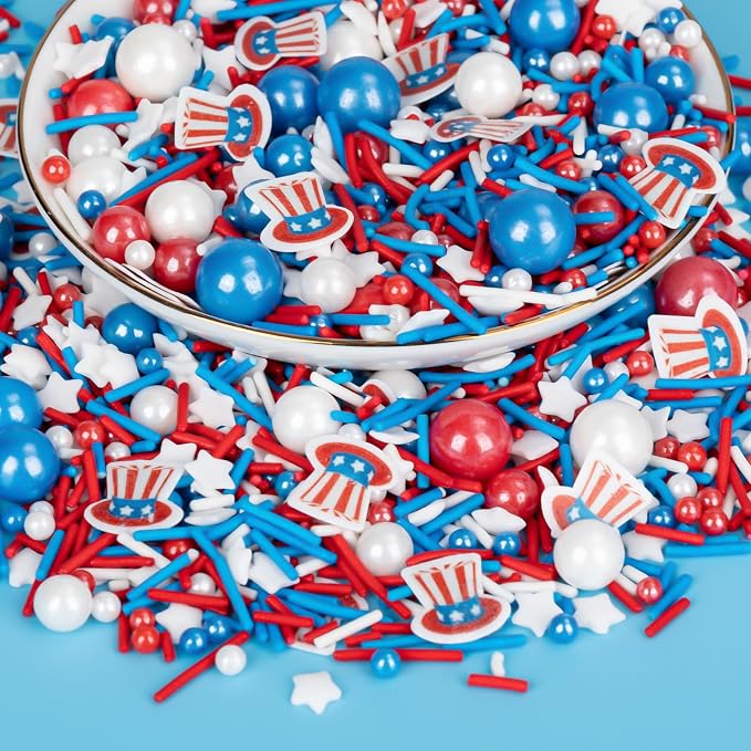 Twisweet Patriotic Sprinkles, Star Striped Hat Sprinkles for Cake Decorating, Edible Red White Blue Sugar Sprinkle Mix, Star-Shaped and Jimmies Baking Candy Bulk, Cupcake Topper Cookie Ice Cream Cake Decorations, 4th of July Independence Day Party Supp...