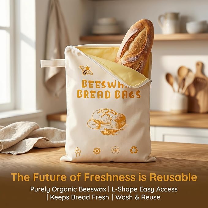 2 Pack Beeswax Bread Bags for Sourdough Homemade Bread,XL Reusable Organic Cotton Linen Bread Bag with Zipper Access, Homesteading Essentials Food Storage to Keep Fresh