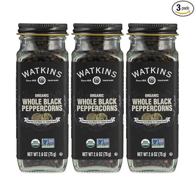 Watkins Gourmet Organic Spice Jar, Whole Black Peppercorns, 2.6 oz. Bottle, 3-Pack