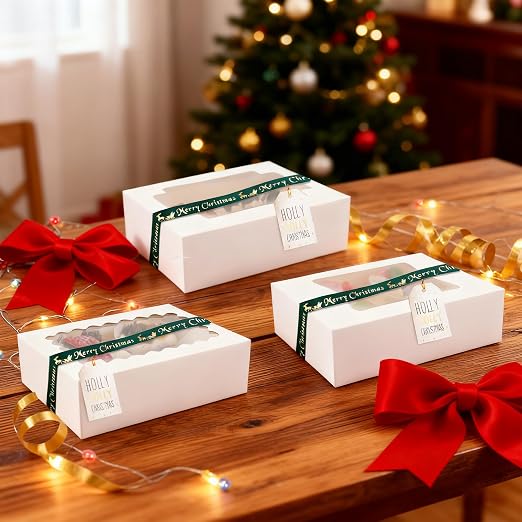 NPLUX Cookie Boxes Bakery Boxes with Window 8x6.5x2.5 Inches Auto-Popup Treat Pastry Boxes for Gift Giving, Graduation Gifts Party Favors(24pack,White)