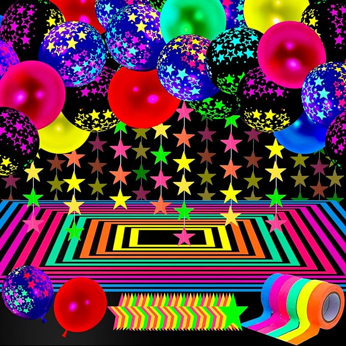 Skylety 32 Pcs Glow in The Dark Party Supplies Neon Party Favors with 25 Fluorescent Balloon 6 Rolls 98.4 ft UV Blacklight Luminous Tape 14.4 ft Neon Streamer Garland for Adults(Glitter Star)