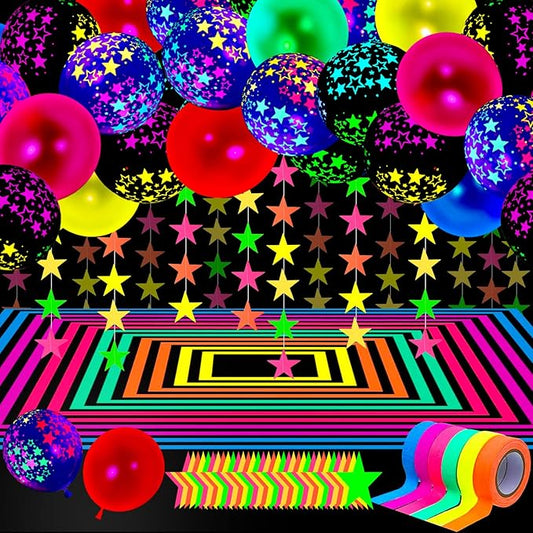 Skylety 32 Pcs Glow in The Dark Party Supplies Neon Party Favors with 25 Fluorescent Balloon 6 Rolls 98.4 ft UV Blacklight Luminous Tape 14.4 ft Neon Streamer Garland for Adults(Glitter Star)