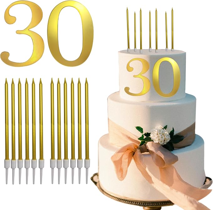 3.7IN Gold Acrylic Number 1-10 Cake Topper with 12 Gold Long Candles - Perfect for Birthday Party Supplies, Ideal for Cake Decoration (Number 30, Gold)