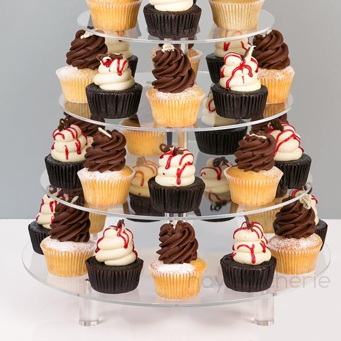5 Tier Acrylic Cupcake Stand, Extra Thick 5mm Base, Large Cupcake Tower, Multi Tiered Cake Stand Round Clear Holder for Dessert Table Display, Weddings, Birthday Party, Graduation, Pastry, Donut Tree