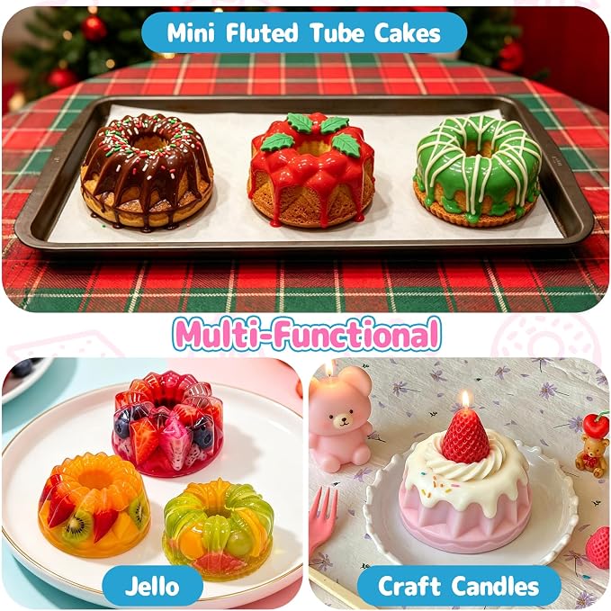 3 Pcs Mini Fluted Cake Pan, 6-Cavity Fluted Tube Pan Silicone Non-stick Mini Jello Molds for Gelatina Cakes, Donuts, Brownies, Muffins
