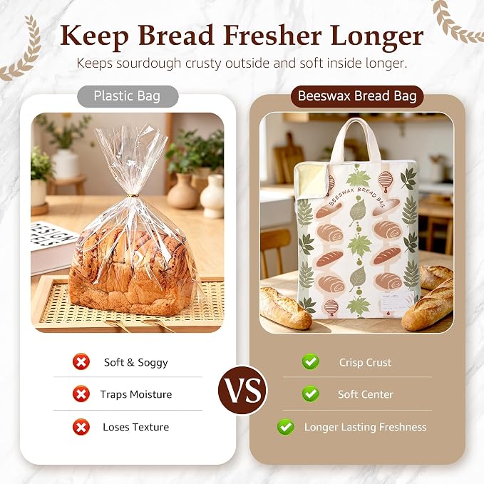 2 Pack Beeswax Bread Bags for Sourdough, 17x13 Inch Reusable Cotton Bread Storage Bags with Zipper and Handle Natural Beeswax Lining Freezer Friendly with 10 Food Labels Included (Bakery Leaves)
