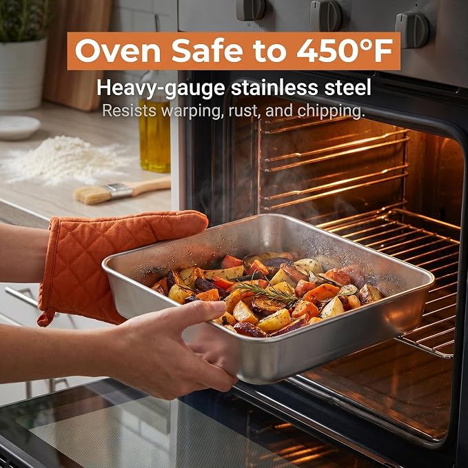 E-far 8 x 8-Inch Baking Pan with lid, Square Cake Brownie Baking Pans Stainless Steel Bakeware Set of 2, Non-toxic & Healthy, Easy Clean & Dishwasher Safe - 4 Pieces(2 Pans + 2 Lids)