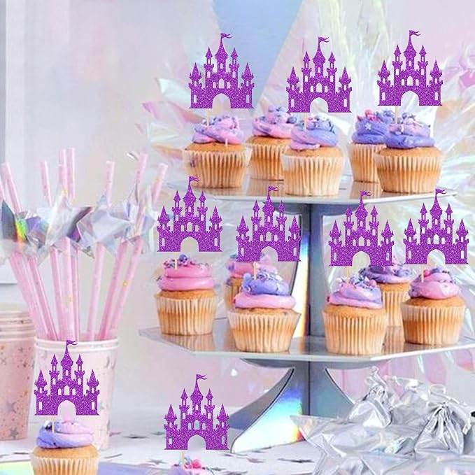 24 PCS Castle Cupcake Toppers Princess Cupcake Toppers Castle Theme Birthday Party Decoration Princess Party Supplies Princess Birthday Cake Decoration for Girls Princess Baby Shower Supplies Purple