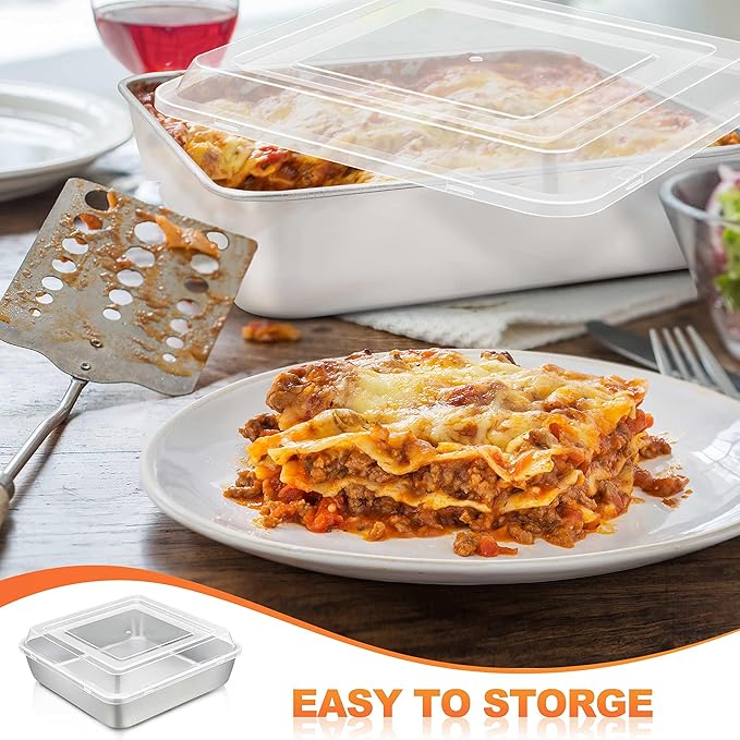 Herogo 8”x 8” Square Cake Pan Set (2 Pans + 2 Lids), Stainless Steel Square Baking Set, Cakes Brownie Lasagna Bakeware, Healthy & Dishwasher Safe