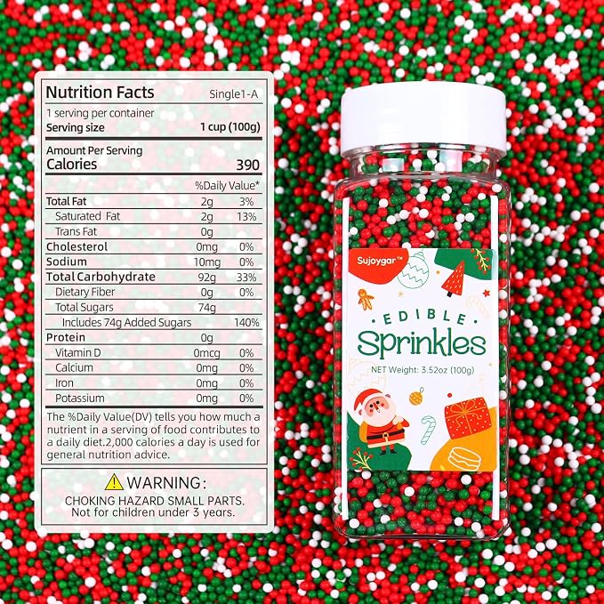 Christmas Nonpareils Sprinkles, 3.52oz Christmas Sprinkles for Cake Decorating Cupcake Toppers Baking Cookie Ice Cream Dount Chocolate, Edible Round Sugar Candy Food Grade