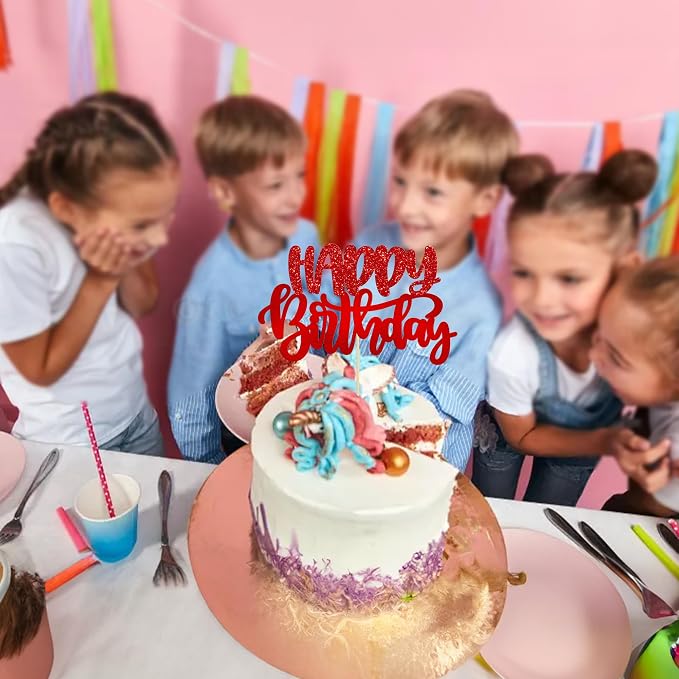 Gyufise 1Pcs Happy Birthday Cake Topper Glitter Cake Pick for Celebrating Anniversary Theme Party Cake Decorations Supplies Red