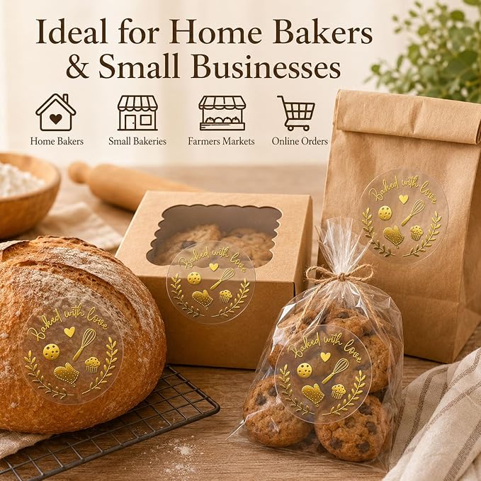 100 Baked with Love Stickers, Bakery Stickers, Baking Stickers & Cookie Stickers for Homemade Treats, Sourdough Bread, Pastry Packaging, Clear Gold Foil Labels for Small Business & Gift Bags, 1.6 Inch