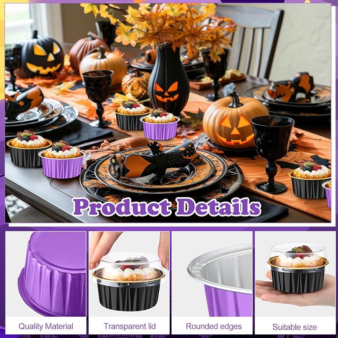 200 Pack Aluminum Foil Cupcake Liners with Lids, 5 oz Round Baking Cup, Disposable Ramekin Container for Graduation Wedding Independence Day Party(Purple and Black,Halloween)