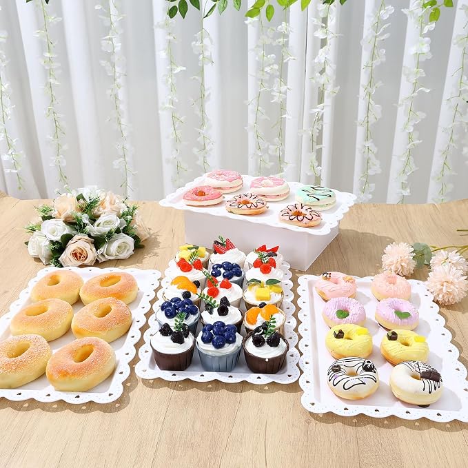 Frigg 4 Pack Serving Trays for Party with Lace Rim,Rectangle Food Trays, Reusable White Plastic Serving Platters Food Display for Birthday Party, Wedding, Restaurant, 14.45" x 9.33"