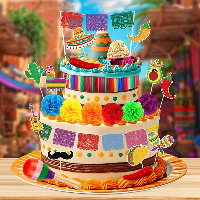 33PCS Mexican Cake Decorations Mexican Cake Topper with Mini Papel Picado Banner Serape Ribbon cactus Taco and Flower Cakes Decor for Fiesta Themed Party Decorations Baby Shower