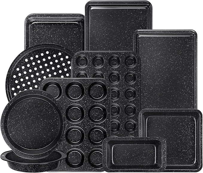 Terlulu 10-Piece Baking Pans Set, Bakeware Sets Nonstick, Baking Set for Oven Cooking, Stackable Carbon Steel Set Include Cookie Sheets, Muffin Pan, Cake Pan, Pizza Pan, Loaf Pan, Roasting Pan, Black