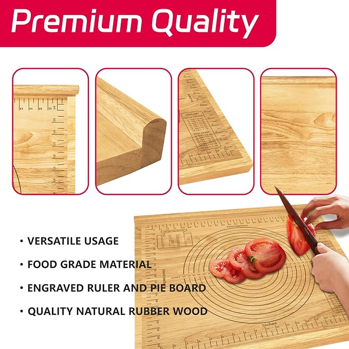 Extra Large Wooden Pastry Board, 24'' x 20" Wood Dough Rolling Tray with Edge, Reversible Cutting & Serving Board for Pizza, Bread, Pastry Baking, Kitchen Counter Dough Prep Board