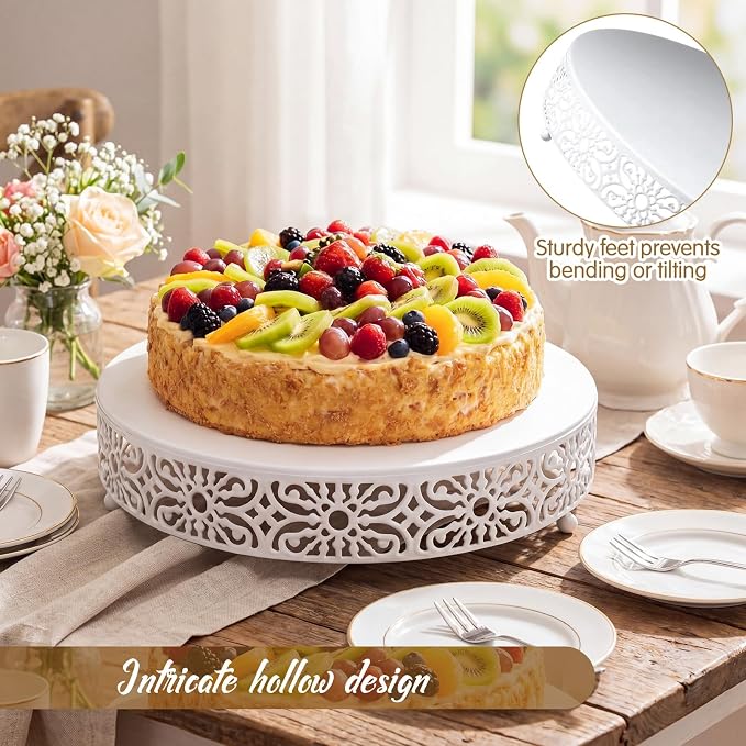 Wenqik 14 Inch Cake Stand, Metal Round Cake Stands Set with Modern Design White Dessert Display Cupcake Stands Plates Fruit Serving Tray for Wedding Birthday Baby Shower Party (White)